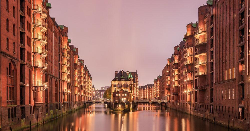 Hamburg - Moated castle in the Speicherstadt in the evening light