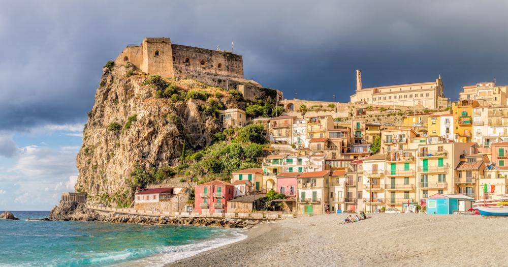 Calabria - View of the beach of Scilla and the Castello Ruffo
